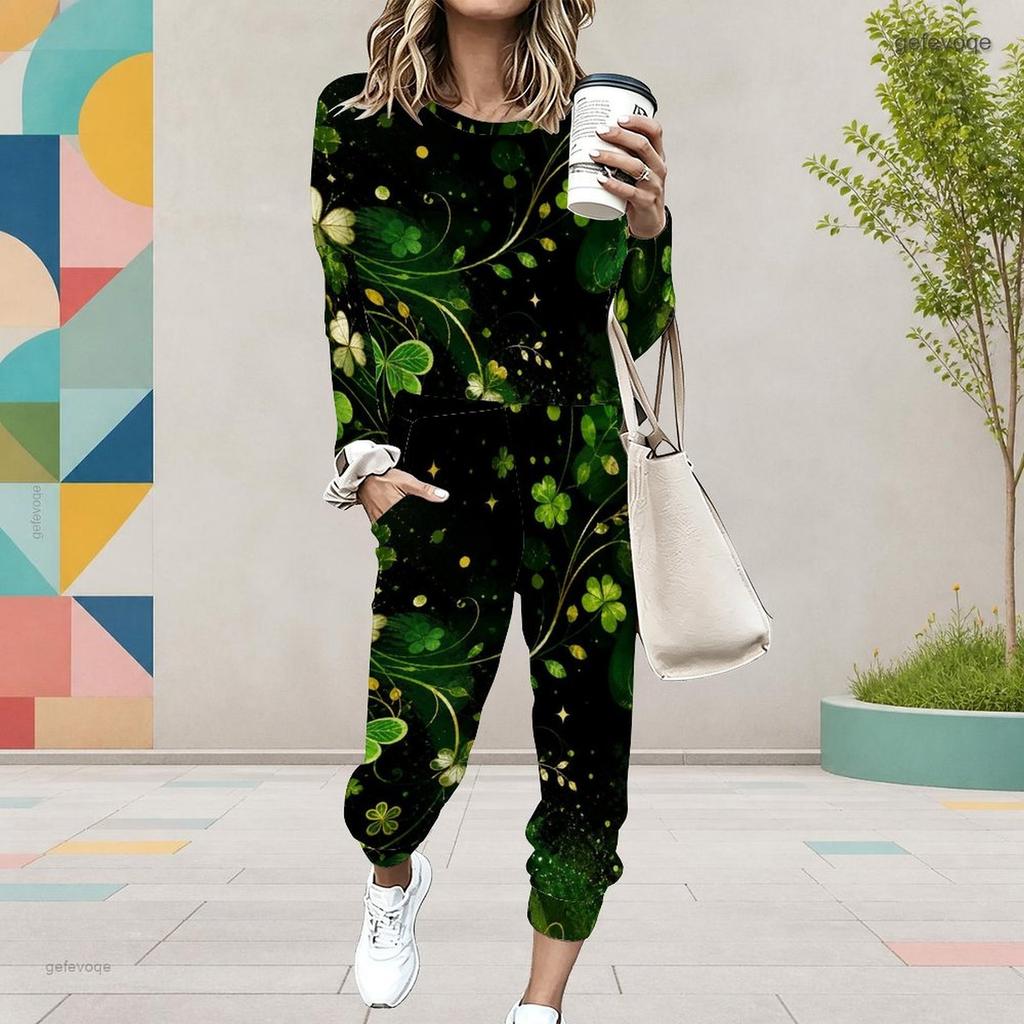 Women Plus Size Two Piece Set Round Neck Long Sleeve Printed Navy Blue Cuffed Top And Pants With Pockets