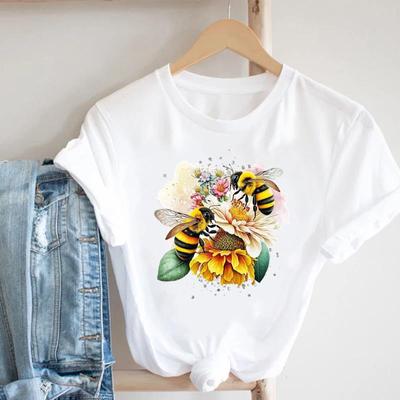 (Asian Size) Women Print Bee Flower Trend Lovely 90s Lady Tee Top Clothing Casual Short Sleeve Fashion Tshirt Female Graphic T-shirts