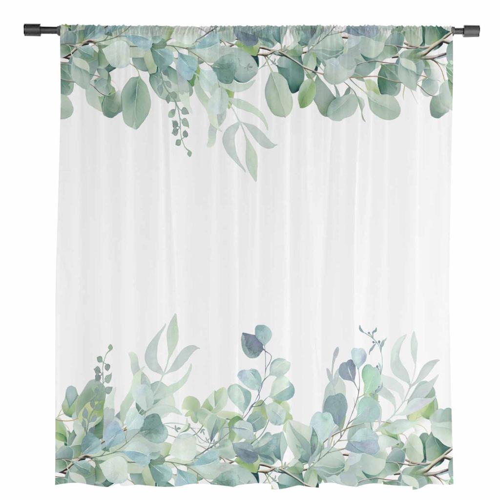 Spring Watercolor Plant Eucalyptus Leaves Sheer Curtains for Living Room Decoration Window Curtains Kitchen Tulle Voile Curtains