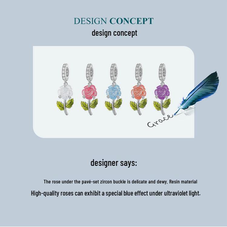 Yinziyun S925 Silver Rose Pendant with UV Color-Changing Flower Beads for DIY Bracelet