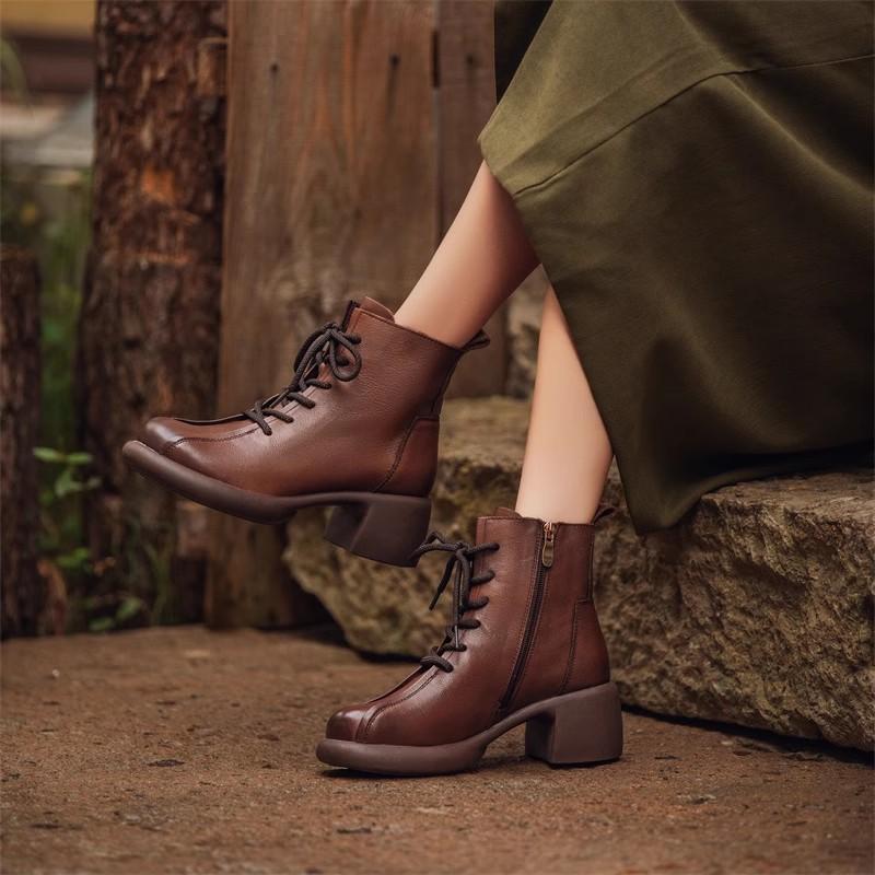 Fashion GKTINOO Handmade Retro High Heel Boots Women Autumn Winter Full Cow Leather Round Toe Zipper Trend Warm Ankle Boots Female
