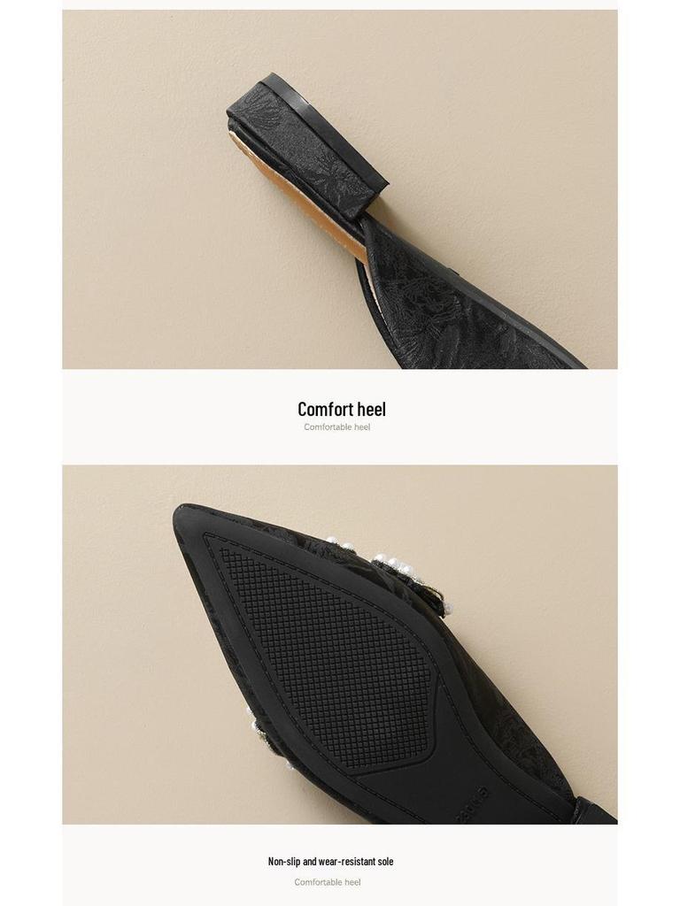 Weiwei Girl Pearl Rhinestone Slip-on Closed Toe Sandals - Women's Chinese Style Flat Heel Half Slippers for Summer