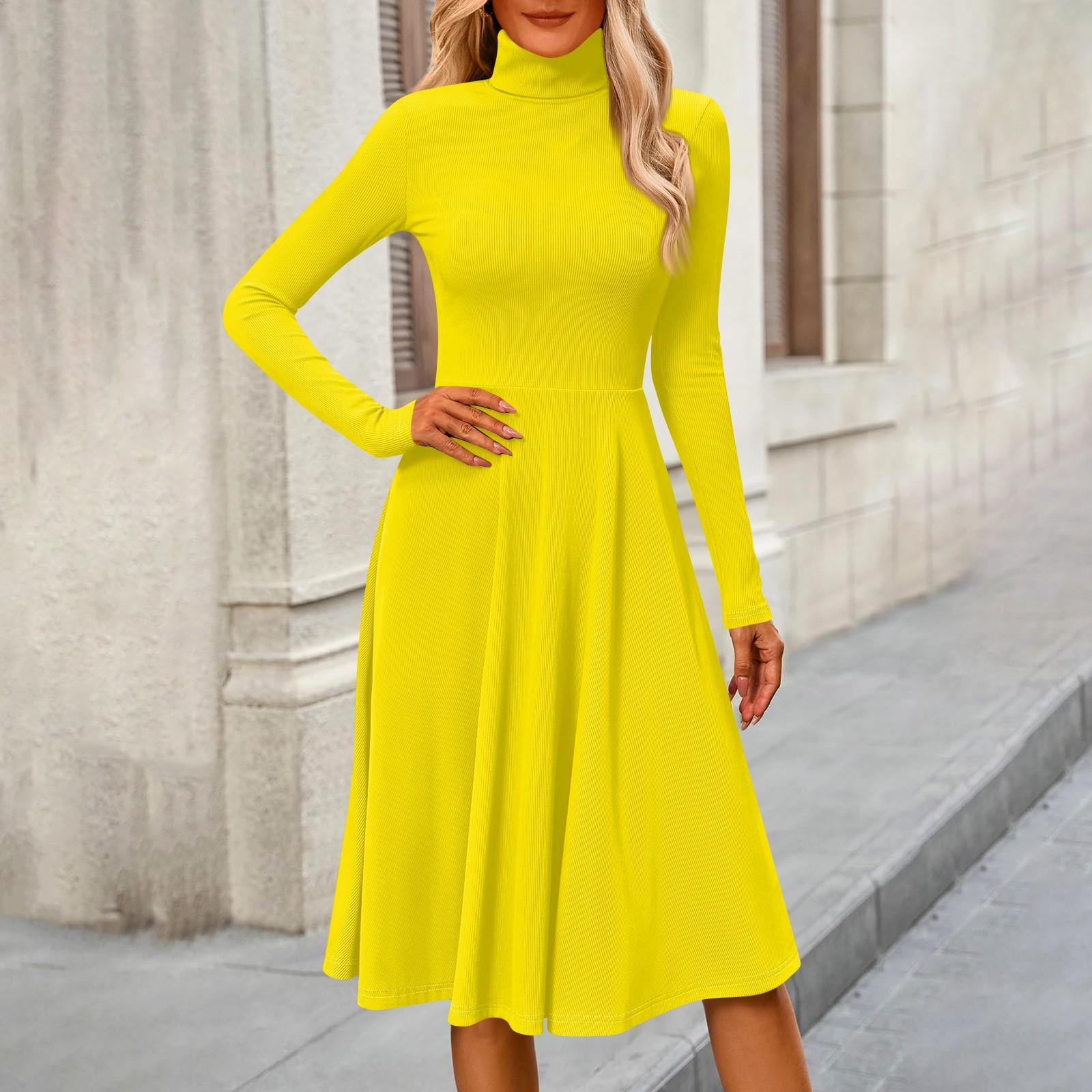 

Women s Casual Fashion High Neck Long Sleeve Color Midi Dress XL жовтий