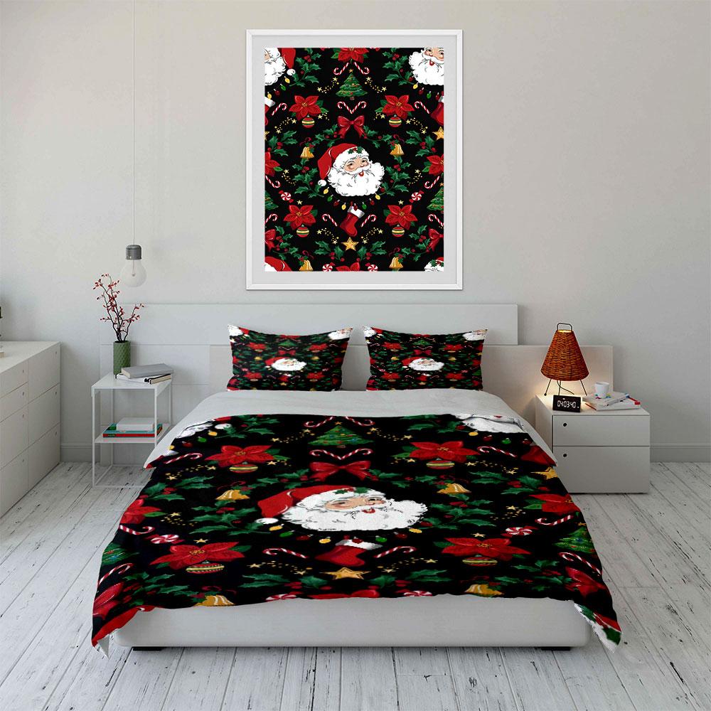 Christmas Santa and Holly Pattern Bedding Duvet Cover Set Duvet Cover Pillowcases  (1*Duvet Cover 2*Pillowcases, Without Duvet Insert)