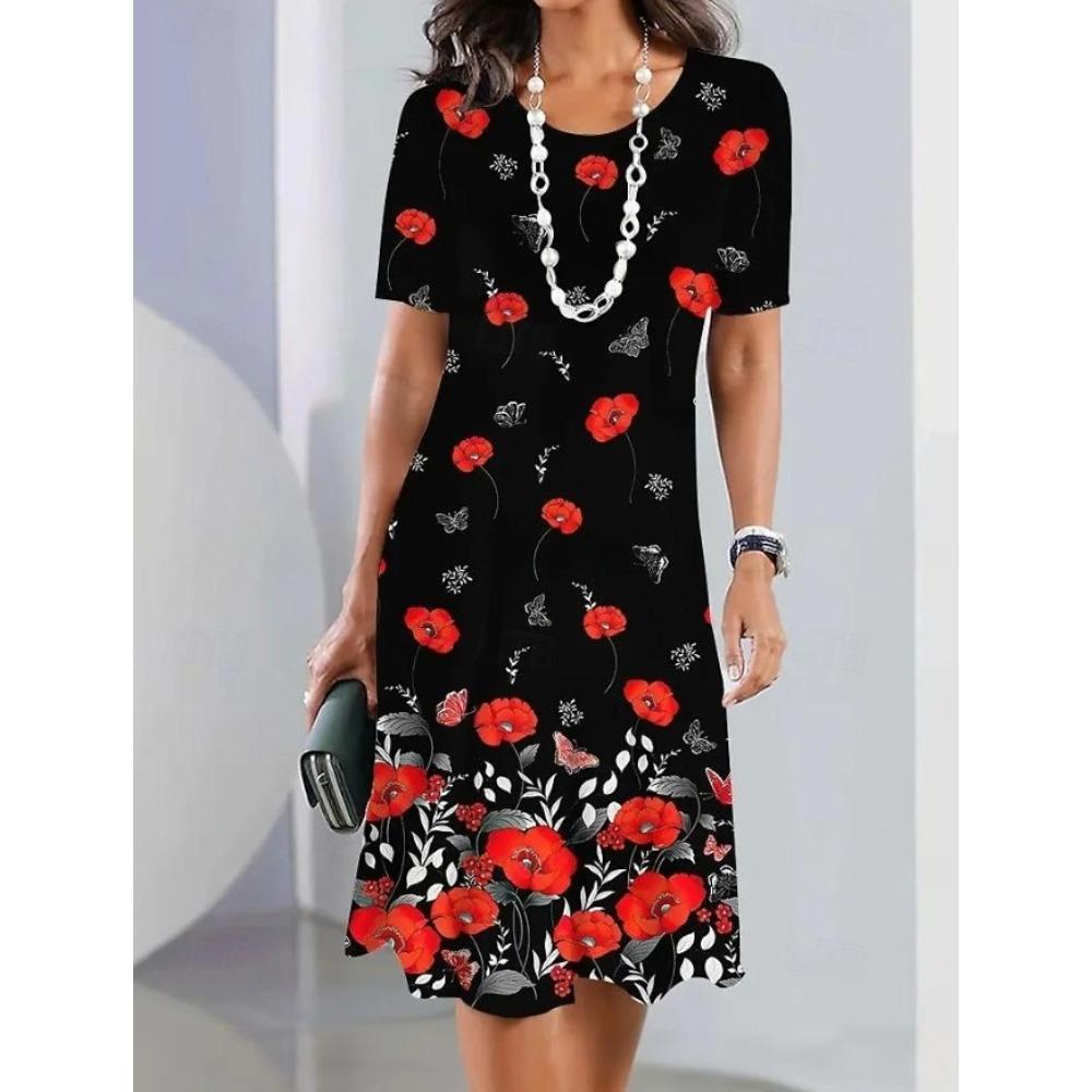Vestidos Casuales de Moda Vintage con Estampado de Verano Primavera Manga Corta Cuello Redondo para Mujer