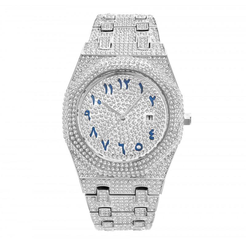 MISSFOX Hip Hop Style Mens Quartz Watch With Full Crystal Dial Arabic Numerals Gold 45mm Polygonal Case