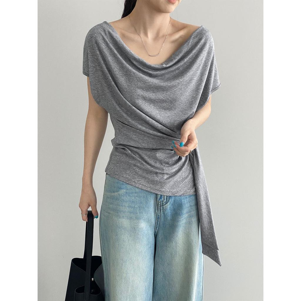 Qingshu Senior, Korean Temperament Swing Collar Strap Short-sleeved T-shirt Women's Summer Thin Irregular Top E