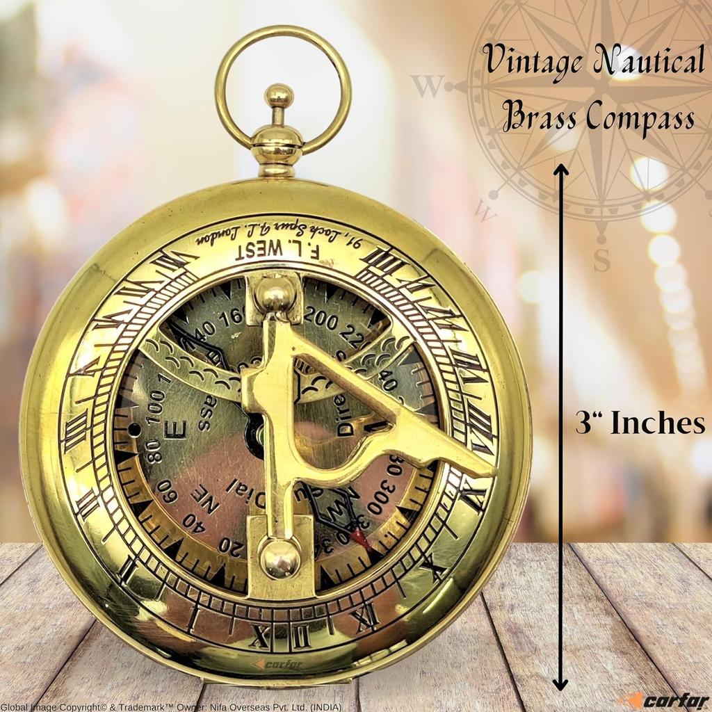 Nautical Sunclock Compass Handmade Solid Brass Vintage Style Sundial Push Open Navigational Compass with Leather Gift Case Best for Your Loved Ones