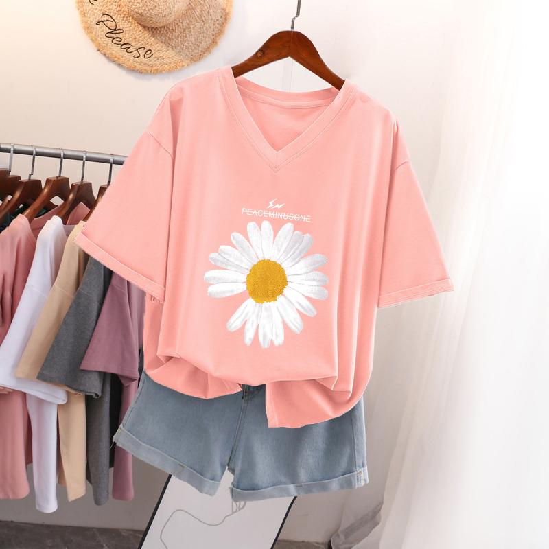 Short-sleeved T-shirt for Women, Large Size, Loose and Slimming, Printed V-neck Top