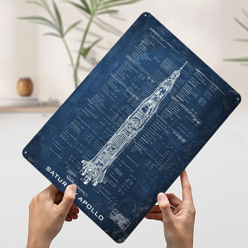 Saturn V Apollo Printed Poster Customized Wall Art Retro Vintage Metal Tin Signs for Home Living Room Decorations Office Decor