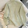 Damen Hellgrünes Gestreiftes Hemd Lässige Knopfleisten-Bluse mit Brusttasche