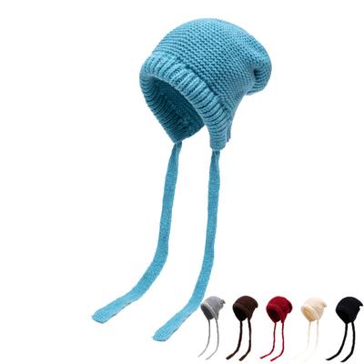Proteção de ouvido Lace-Up Knitted Hat Feminino Outono Inverno Quente Lã Chapéu