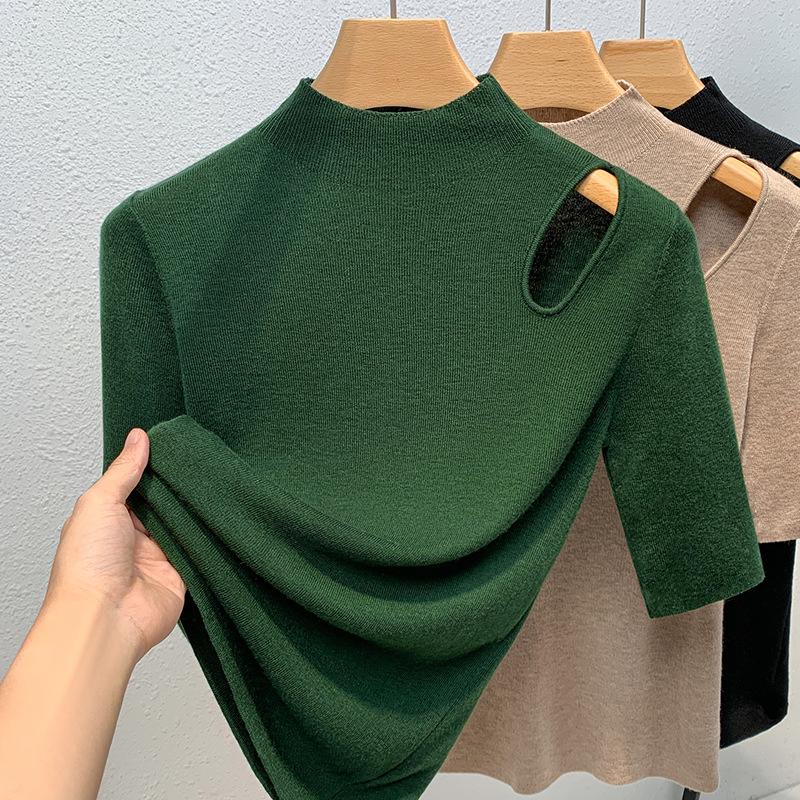 Half Turtleneck Knitted Sweater Women's New European Women's Clothing Sexy Pullover Sweater Temperament Five-quarter Sleeve Top