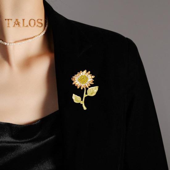 Women Brooch Sunflower Shape Enamel Oil Dripping Retro Rhinestone Polished Coat Collar Bag Scarf Hat Decoration Clothes Pin Party Banquet Clothing