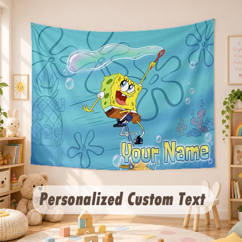 Custom Name Text Tapestry,SpongeBob Boho Wall Hanging, Decorative Backdrop Tapestry For Room