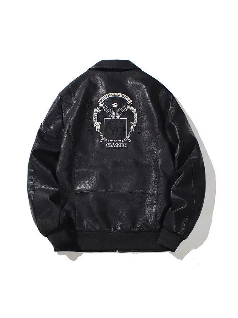 Korean Style Men's Embroidered PU Leather Motorcycle Jacket with Velvet Lining