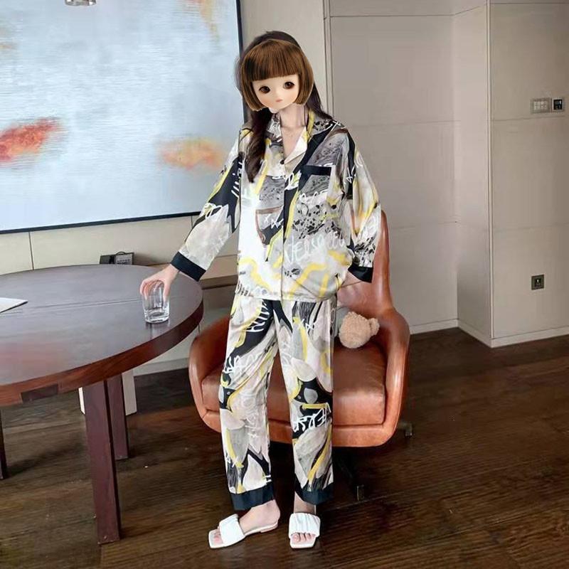 2 PCS Set Winter and Fall Pajamas Homewear Female Simulation Silk Ladies Nightwear Women Long-Sleeved Sleepwear Loungewear