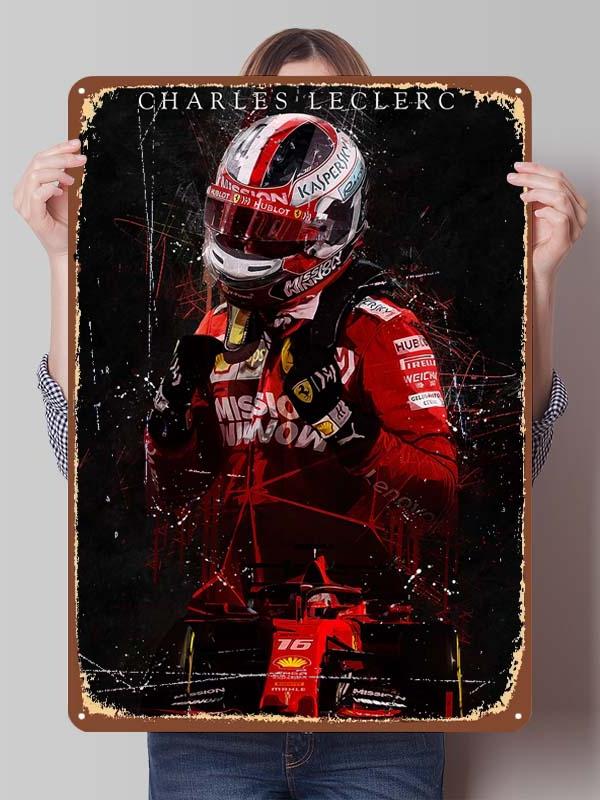 Charles Leclerc Rennfahrer Poster F1 Rennsport Metallschilder Wandkunst Wandbild Benutzerdefinierte Blechschilder für Wandkunst Dekoration Vintage Metallschild