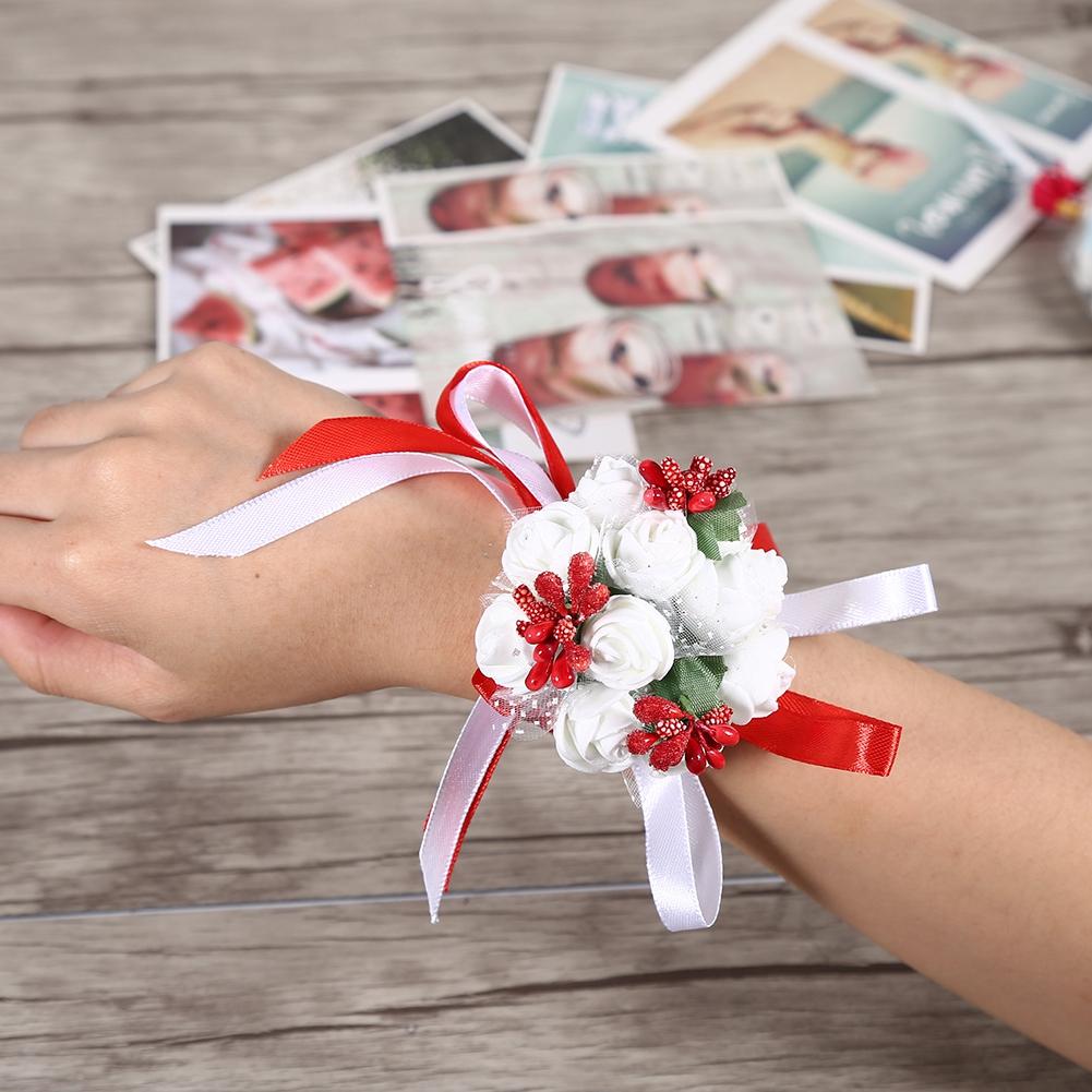 Wunderschöne Handbandblume Braut Brautjungfer Handgelenkskorsage Abschlussball Hochzeitsdekorationen (rot)
