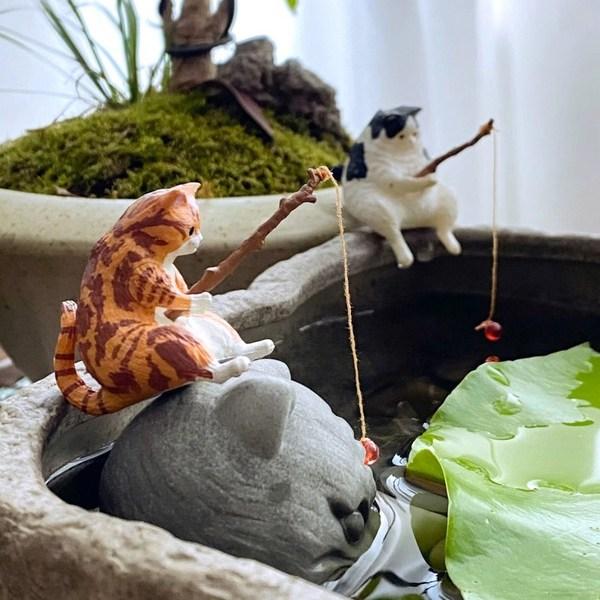 Kate Garden Fishing Cat 4-piece Set Fish Tank Decoration Car Accessories Decorative Props,Korean Car Acc