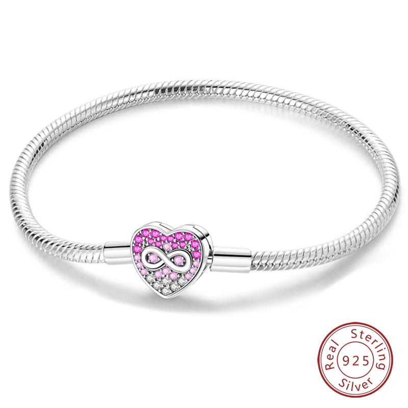 925 Silver Heart Shaped Series Love Forever Shining Zircon Bracelets Fit DIY Charm Beads Birthday Jewelry Gift