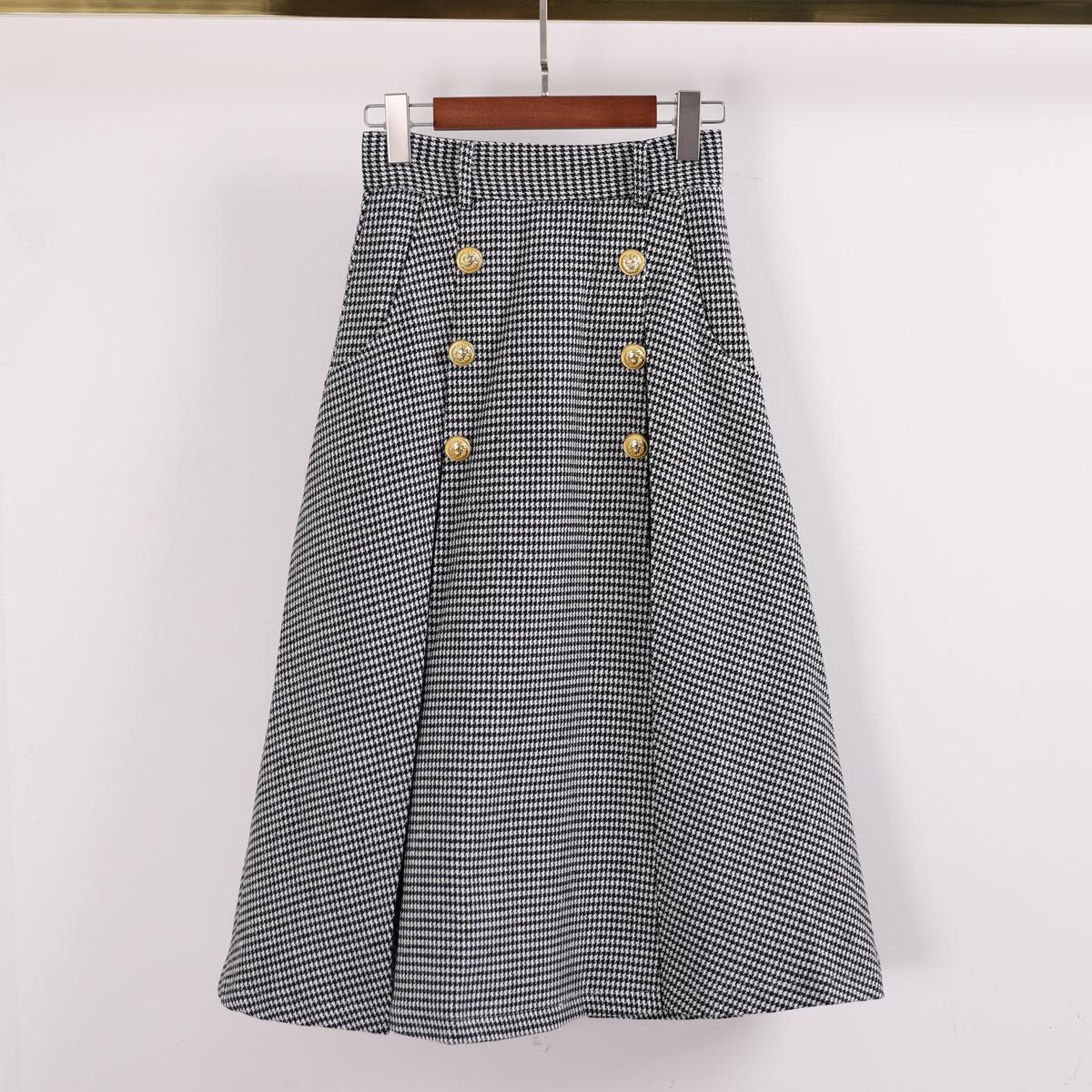 Autumn/Winter New HoundStooth Half Skirt with Pleated Mid-Length Skirt, Button-Zipper Chain Slim Fit A-Line Skirt S