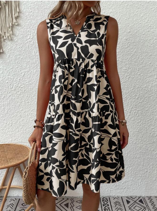 2025 Amazon Independent Station Women s Clothing, Bohemian Fashion Loose V-Neck Pleated Printed Dress Women S чёрный