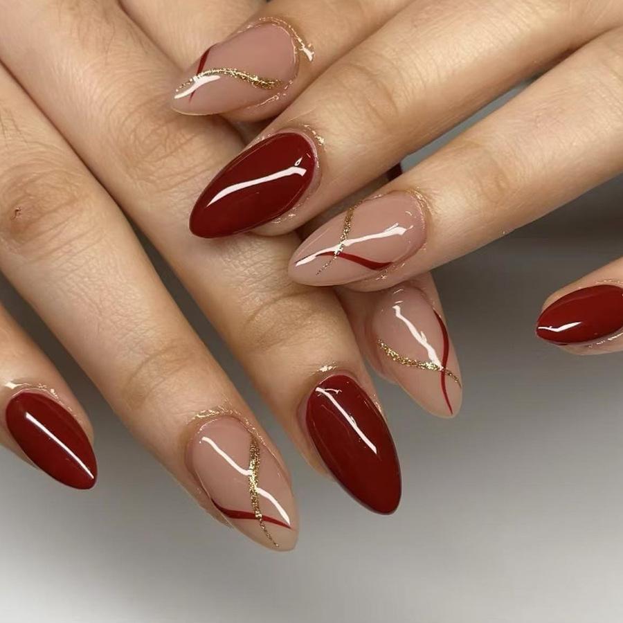 24Pz Unghie Finte Mandorla Corte con Disegno a Linea Unghie Finte Rosse Semplici Unghie Press-on Moda Indossabili Tips per Nail Art Full Cover