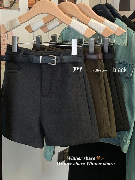 Gray Wool Blend High-Waisted Wide-Leg Shorts for Women - Autumn/Winter Versatile Outerwear