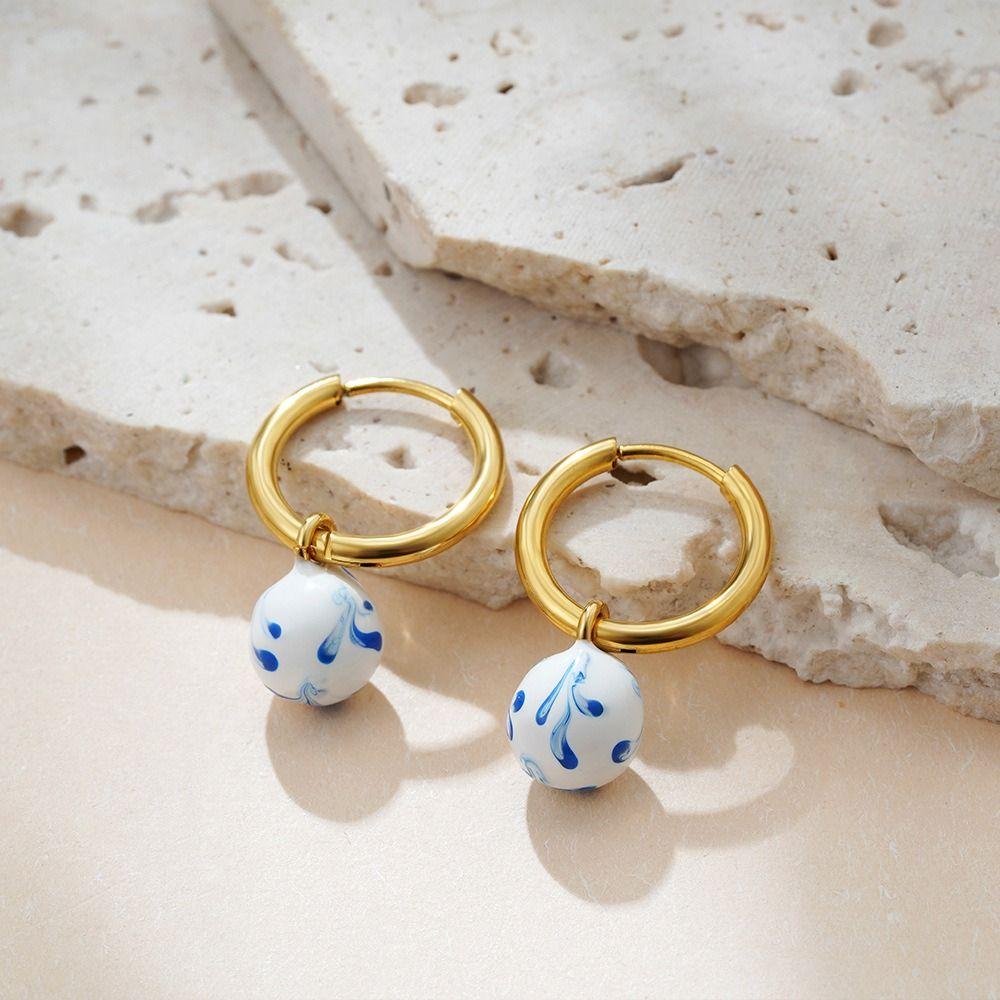 Zinc Zinc Alloy Ceramic Ear Buckle Jewelry Accessories Hoop Earrings Blue and White Porcelain Earrings  Lady