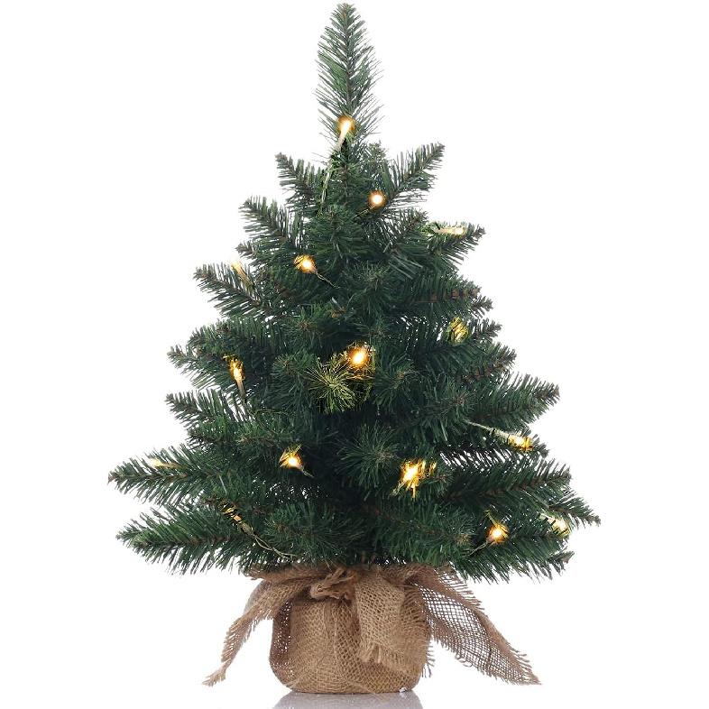 Pre-Lit Artificial Mini Christmas Tree,20 inch Miniature Pine Xmas Tree with 20 LED Lights,70 Branch Tips,Desktop Christmas Tree Burlap Base-(50cm)