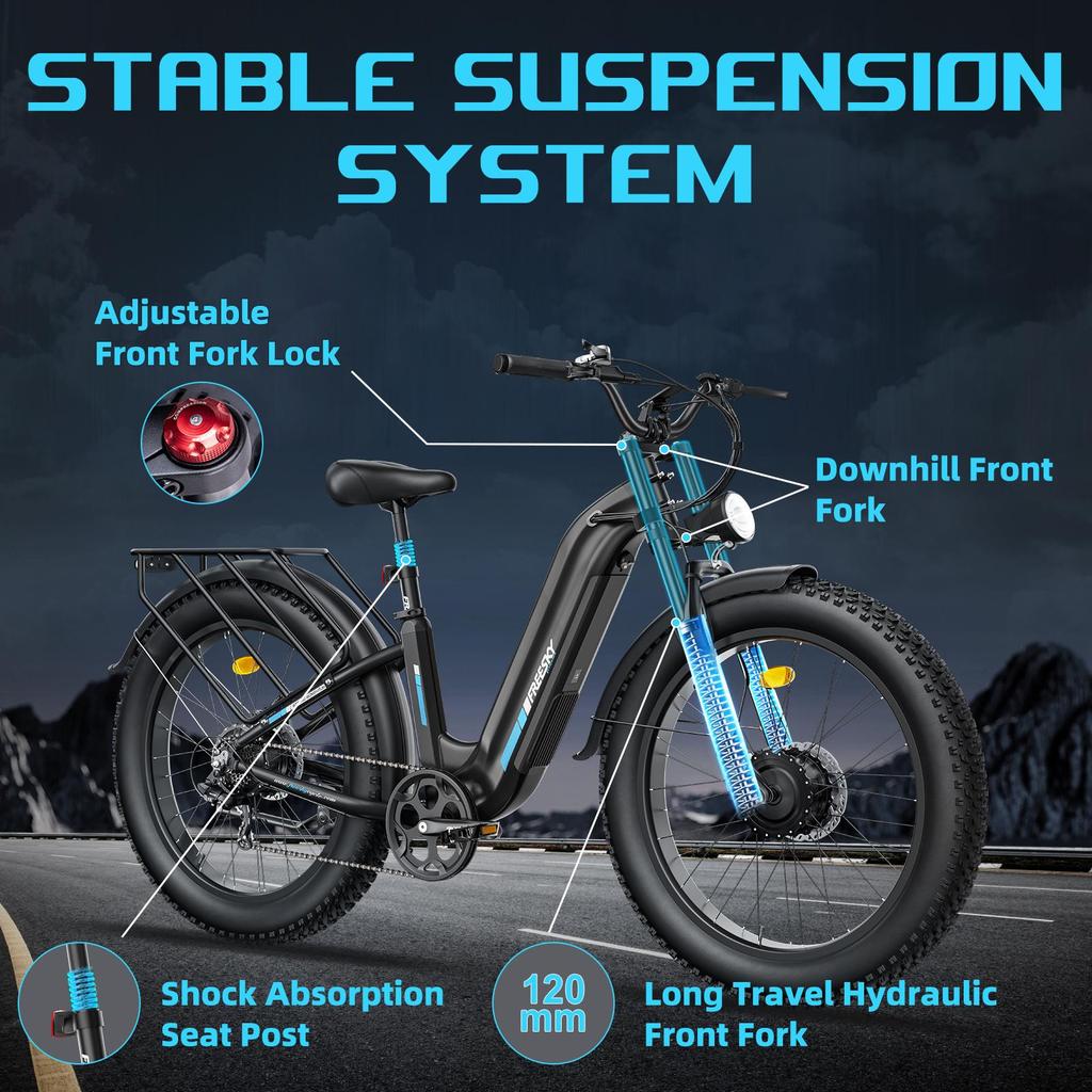 Freesky M540 Electric Bike, 2 * 160NM Dual Motor, 48V 23AH Battery, 26*4.0'' Tires, 32MPH, LCD Display, Hydraulic Brakes