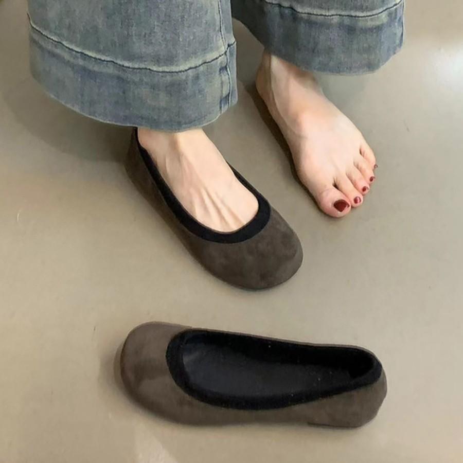 Soft leather version~ retro round head shallow mouth single shoes with skirt flat ballet shoes one pedal versatile grandma shoes women