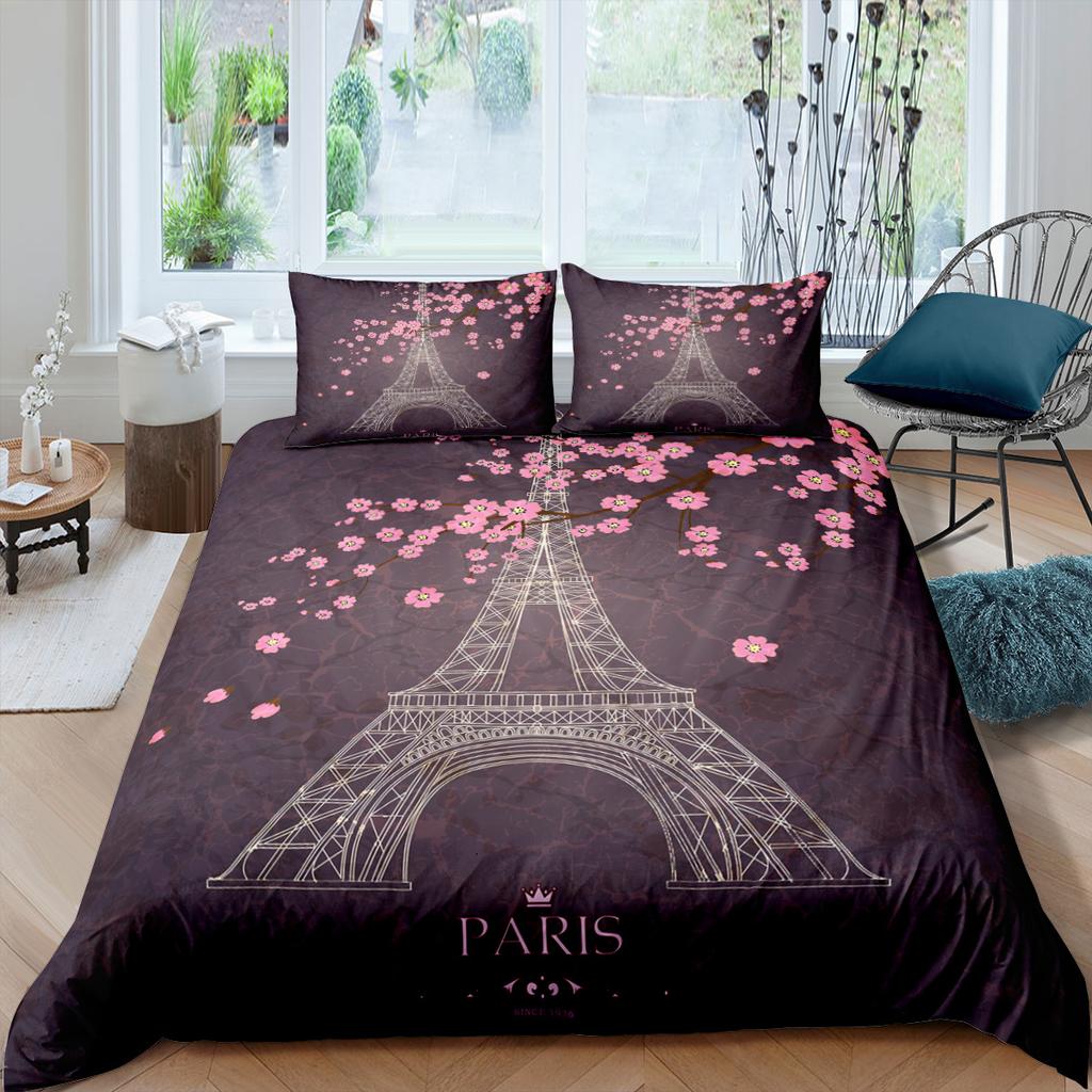Paris Tower Theme Home Bedding Set Flowers Quilt Cover and Pillowcase 2/3 Pieces EU/US/AU/UK Single Bed Double Bed Home Decoration