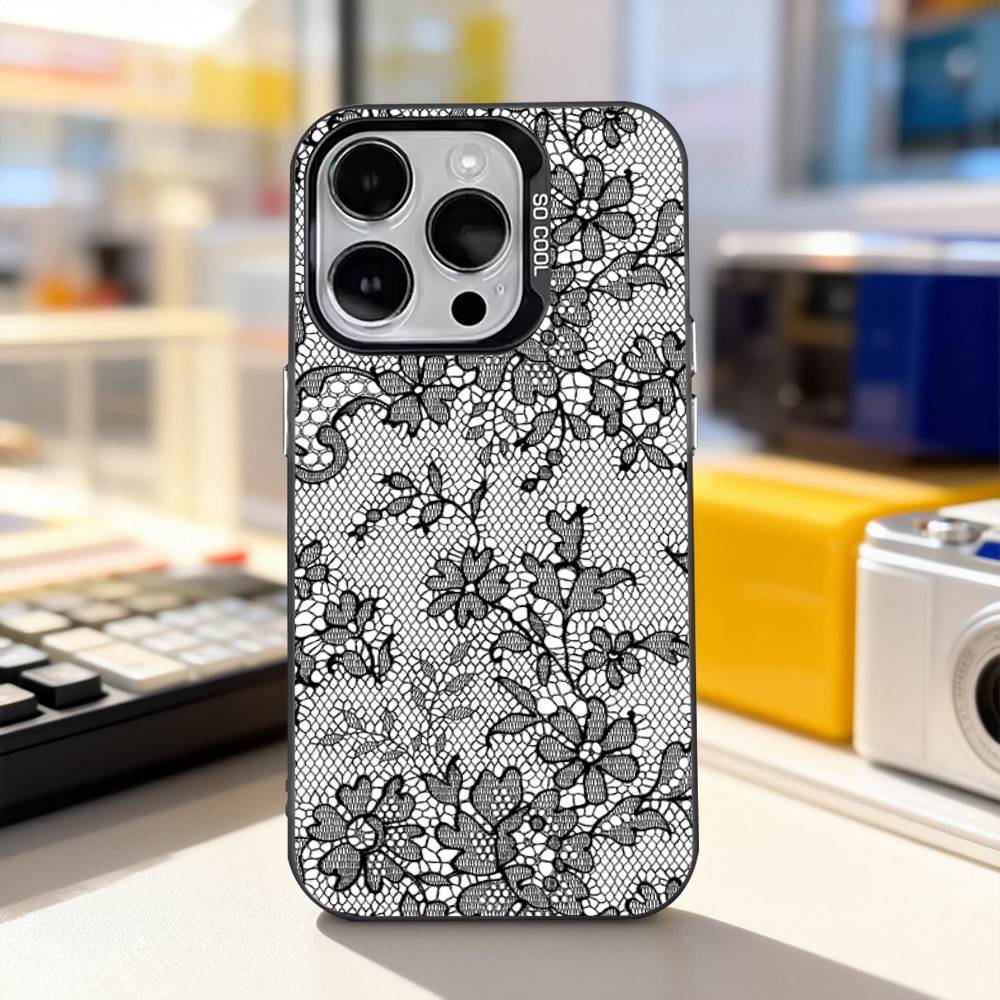Lace Print Pattern Phone Case For iPhone 17,16,15,14,13,12,11,Pro,XS,Max,Plus,Mini,SE4,E Black Matte Shockproof Cover