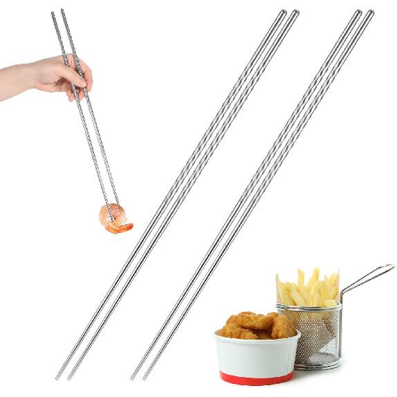 2 Pairs Stainless Steel Chopsticks with Non Slip Threaded, 15.3 Inch Extra Long Cooking Chopsticks Reble for Hot Pot, Noodle, Cooking, Frying