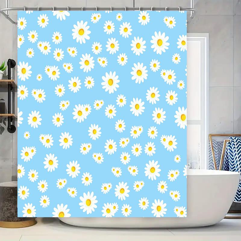 

Blue Bath Mat With Yellow Daisies Pattern: Floral Decor Shower Curtain For Bathroom Accessories Decoration Waterproof Fabric Sho W60H190(CM)-1 Pcs