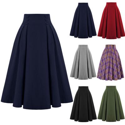 Women Skirt Elastic High Waist A-Line Midi Skirt Contrast Color Plaid Print