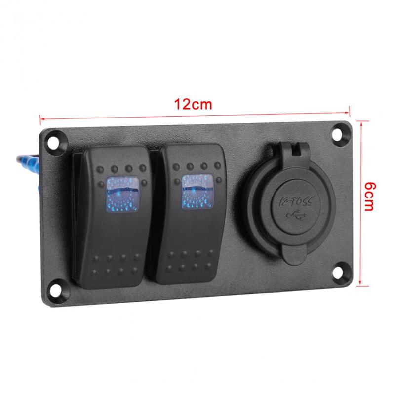 2-Gang Blue LED Rocker Switch Panel Circuit Breaker Dual USB Charger Car Truck