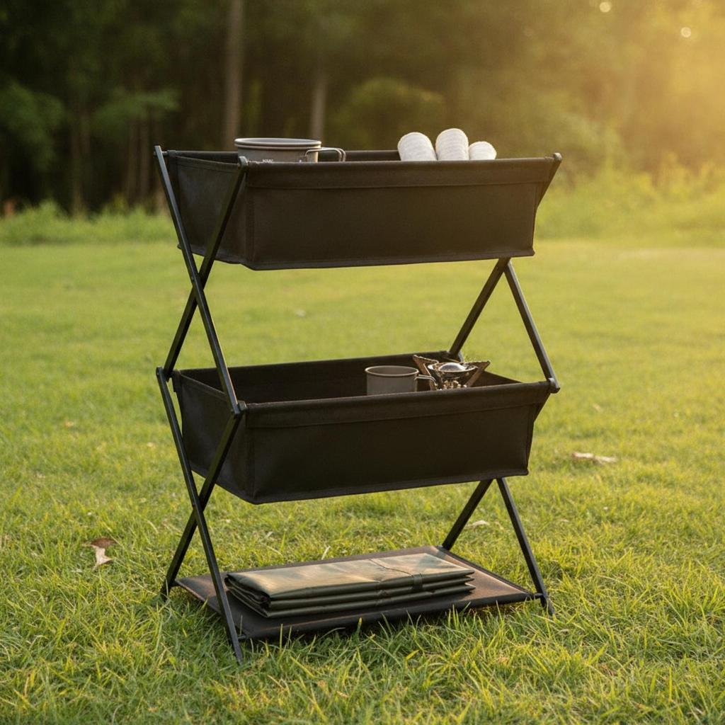 Folding Storage Rack with Cloth Bins Collapsible Stand Stable for Campers