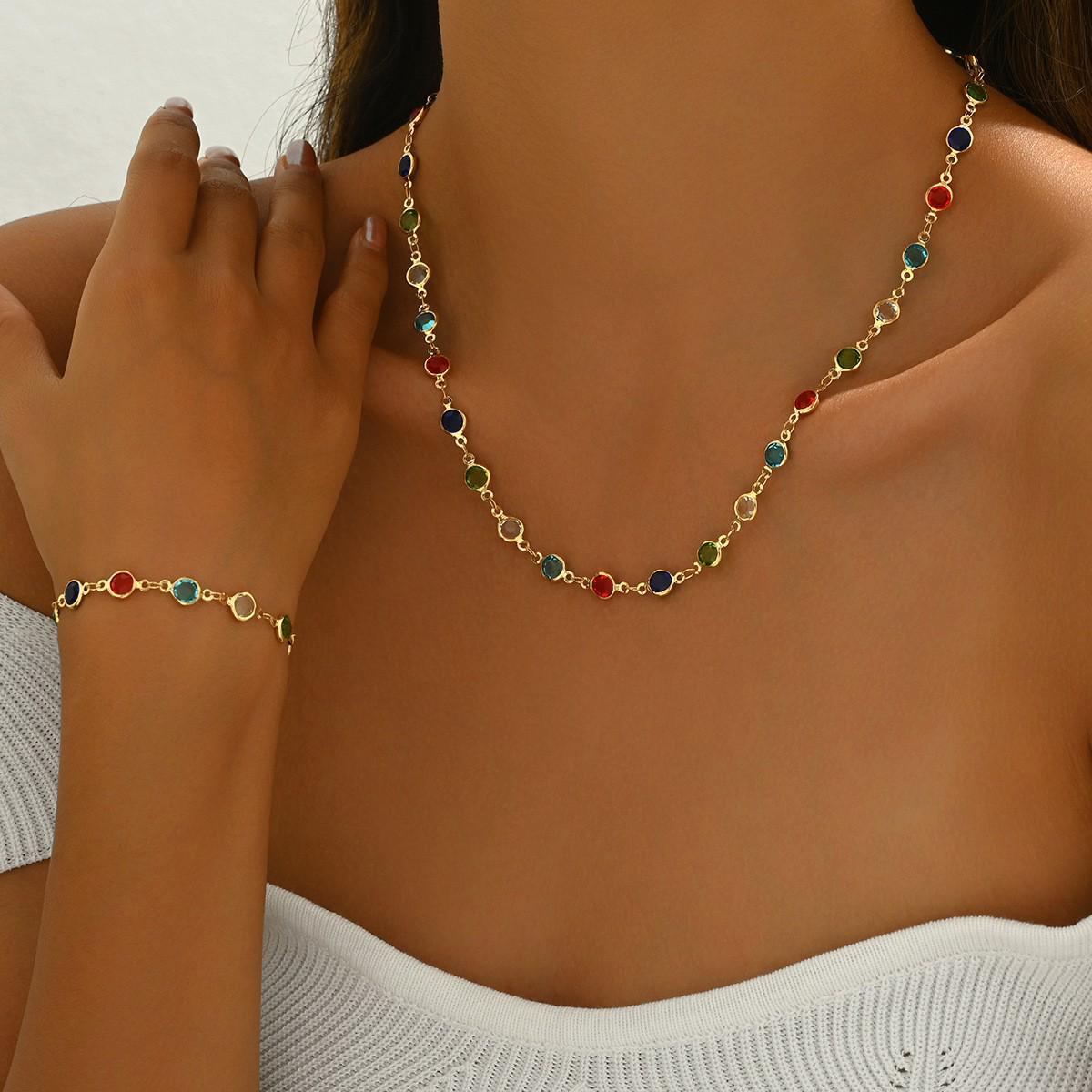 Colorful European and American Style Crystal Jewelry Set: Personalized Bracelet  Necklace