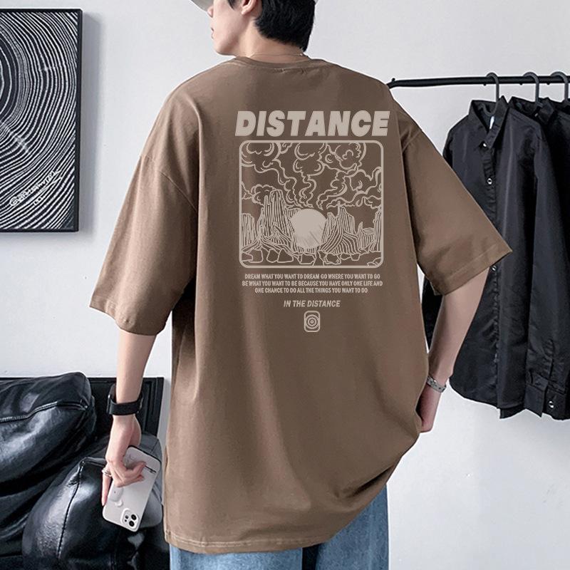 Distance Pattern Men's Oversized Drop Shoulder T-Shirt 100% Cotton Streetwear Tee