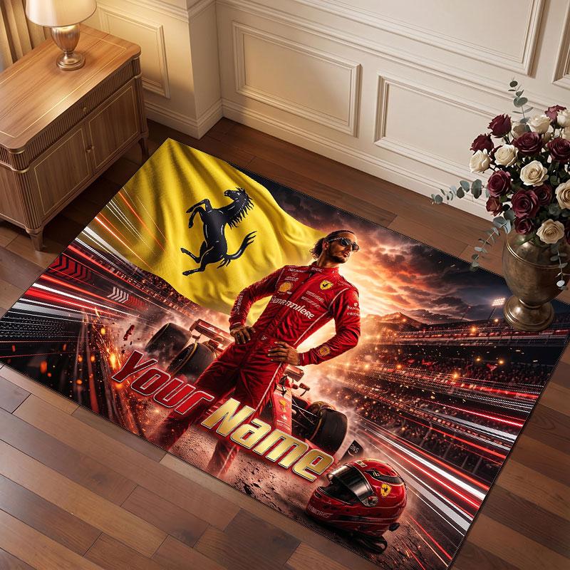 Lewis Hamilton Personalisierter Kristall-Samt-Teppich, Benutzerdefinierter Namens-Text Weicher Anti-Rutsch-Teppich für Wohnzimmer Schlafzimmer