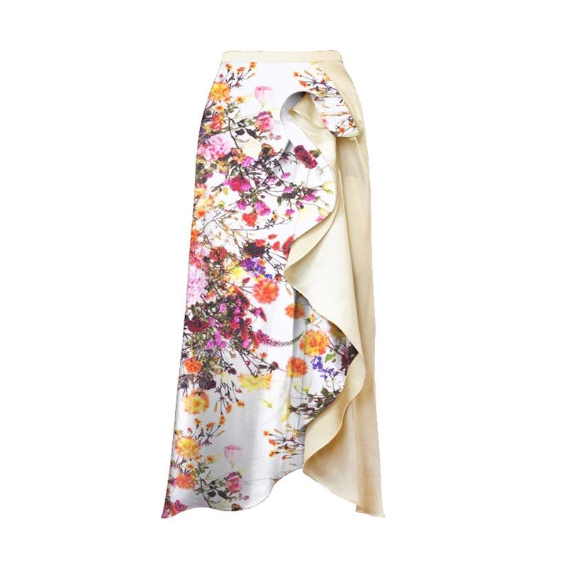 

European & American Vacation Floral Midi Skirt with High Slit Extra Large бежевий