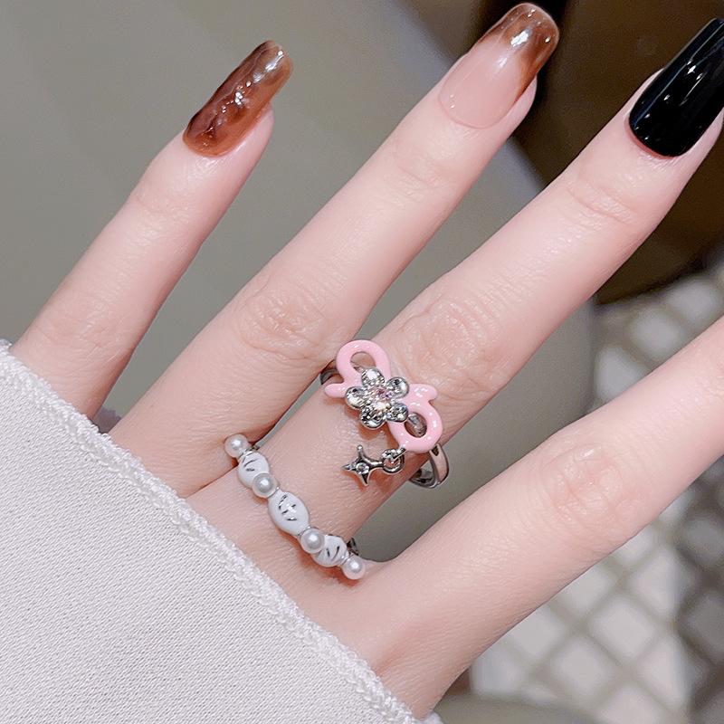 Dopamine White Shell Pink Oil Drop Bow Open Ring Female Niche Design Ring Index Finger Ring