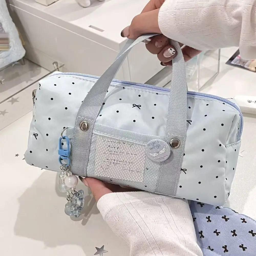 Portable Blue Polka Dot Pencil Case Multi-functional Bow Pattern Stationery Bag Large-capacity Stationery Pouch Students Gift