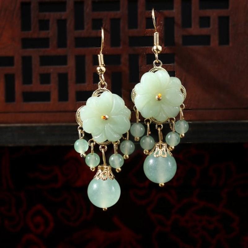 Green Jade Marrow Flowers Tassel Drop Earrings for Women Ethnic Stud Earring Pretty Jewelry Gifts