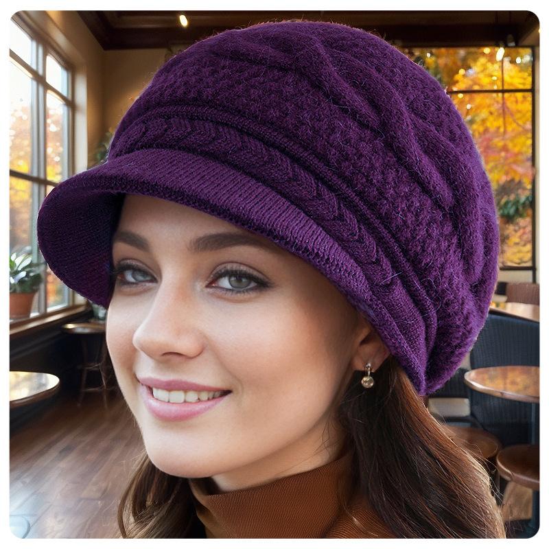 

Осінньо-зимовий капелюх для жінок середнього та похилого віку, берет з плюшем та потовщеним захистом вух, модний теплий в язаний вовняний капелюх