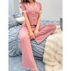 Women's Sweet Lace Pajama Set: Summer V-Neck Short Sleeve Top & Long Pants