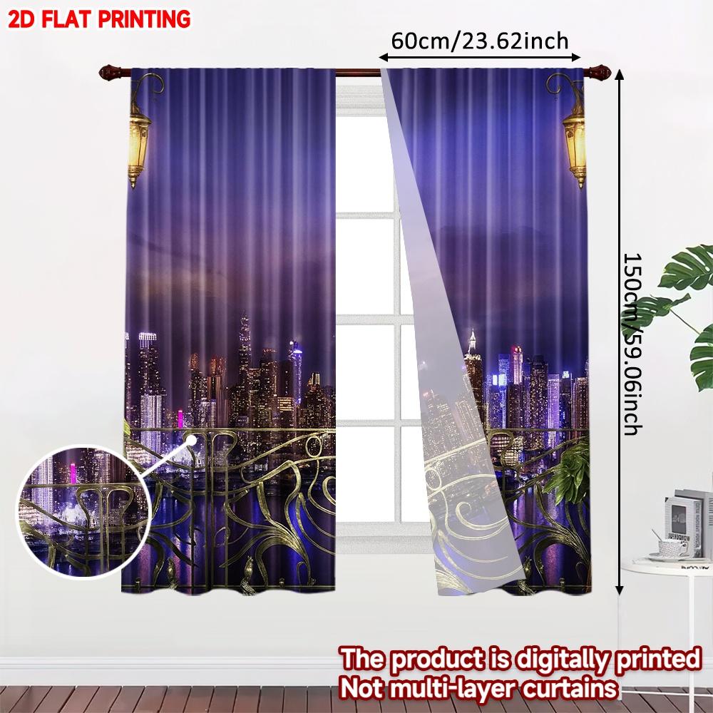 2D flat printing 2pcs Curtain Cityscape Night View Digital Printed Polyester Drapes Family Party for All Occasions for Bedroom